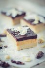 Rebanadas de pastel de coco y caramelo con chocolate - foto de stock