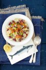 Red kidney, pickled mushrooms and potato salad with smoked herring and mayo sauce — Stock Photo