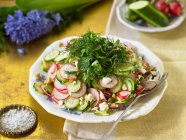 Салат из трав и редиса с Фета и грецкими орехами — стоковое фото