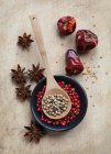 Red and white peppercorns, star anise and dried chilli peppers — Stock Photo