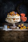Grande bolo de pavlova com pêssegos e flores — Fotografia de Stock