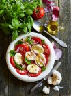 Tomatoes with mozzarella, red onions, olive oil and basil — Stock Photo