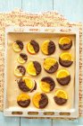 Зацукровані апельсинові та лимонні скибочки з темним шоколадним склом — стокове фото
