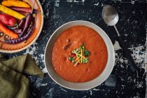 Gazpacho mit frischen Tomaten, Zwiebeln, Knoblauch und frischen Chilischoten — Stockfoto