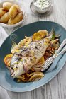 Seabream on fennel medley with new potatoes and herbs sauce — Stock Photo