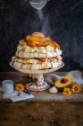 Павловский торт с персиками, карамельным соусом и просеиванием сахарной пудры — стоковое фото