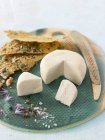 Vegan macadamia nut and pecan nut cheese with crackers — Stock Photo