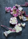 Fresh purple and white garlic on a dark background. — Stock Photo