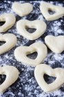 Yeast dough hearts, unbaked — Stock Photo