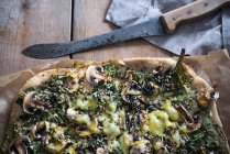 Vegan pizza with tofu, spinach, mushrooms, sesame and a cheese substitute — Stock Photo