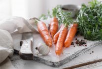 Cenouras frescas com alho e pimenta na tábua de cortar — Fotografia de Stock