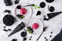 Lakritzeis mit schwarzen Johannisbeeren auf weißen Desserttellern — Stockfoto