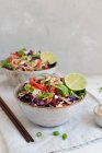 Two bowls of noodles salad with crunchy vegetables and spring onions — Stock Photo
