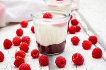 Маскарпоне йогурт з малиною в скляній банці — стокове фото