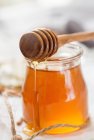 Miele con un mestolo di miele — Foto stock