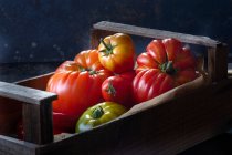 Vari tipi di pomodori in cassa — Foto stock