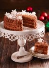 Святковий торт з ром-фундук з шоколадним кремом та помадними сніжинками — стокове фото
