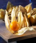 Physalis berry with dry leaves on wooden board — Stock Photo