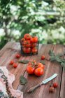 Fresh tomatoes on a garden table — Stock Photo