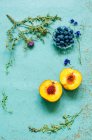 Старий синій фон з гербарієм, чорницею і половинчастим стиглим персиком — стокове фото