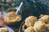 Plum dumplings with breadcrumbs — Stock Photo