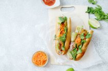 Sandwich banh-mi classique avec filet de porc grillé, carottes, concombres, poivrons jalapeno et coriandre — Photo de stock