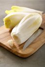 Chicory with knife on wooden chopping board — Stock Photo