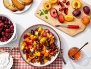 Salada de frutas de menta de pêssegos, cerejas, ameixas, nectarinas, damascos e mangas — Fotografia de Stock