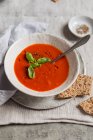 Tomato soup with fresh basil in a white bowl with a cracker — Stock Photo