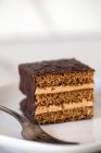 Piece of honey cake with chocolate topping on dessert plate with fork close-up macro — Stock Photo