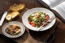 Грецький салат з гумусом і смаженим хлібом. — стокове фото