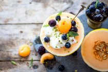 Breakfast Melon Bowl with Yogurt, Blueberries, Blackberries — Stock Photo