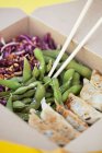 Gyoza, edamame e insalata di cavolo in un cestino da pranzo — Foto stock
