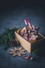 A candy cane and broken chocolate for Christmas — Foto stock