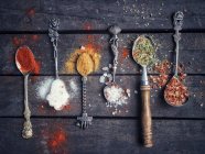 Various spices on old spoons — Stock Photo