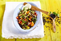 Salada de lentilha com queijo de cabra, legumes, rúcula e vinagrete — Fotografia de Stock