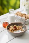 Müsli-Frühstücksschale mit Schokoladenkeksen und frischer Milch am Fenster — Stockfoto