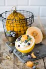 Breakfast Melon Bowl with Yogurt, Blueberries, Blackberries — Stock Photo