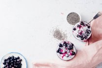 Chia Pudding mit Erdbeer-Smoothie und schwarzen Johannisbeeren — Stockfoto
