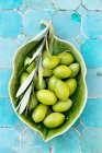 Grüne Oliven mit einem Zweig in einer Keramikschüssel — Stockfoto