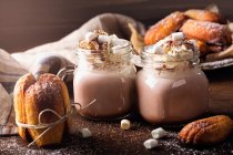 Chocolat chaud à la crème fouettée et guimauves servies avec des madeleines — Photo de stock