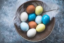 Huevos de Pascua en un nido sobre un fondo gris. - foto de stock