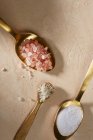 Rosafarbenes Kelten- und Kochsalz auf Löffeln — Stockfoto