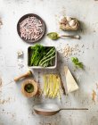 Ingredients for making tagliatelle with broccoli and ham — Stock Photo