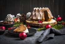 Castaño de Navidad y pastel de chocolate en un disco de corteza de árbol - foto de stock