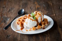 Waffles with coconut ice cream — Stock Photo