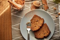 Baked banana bread with a cup of coffee — Stock Photo