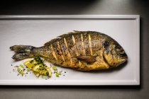 Fried sea bream on plate with lemon slice and herbs — Stock Photo