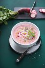 Веганський червоний крем-суп з редькою з вискоченим амарантом, насінням чіа, кресом та часниковою олією — стокове фото