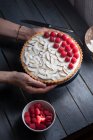 Hands holding Coconut tart with coconut chips and raspberries — Stock Photo